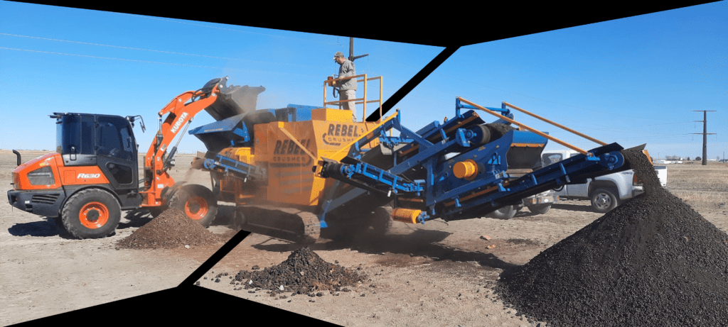 The Rebel Crusher crushes asphalt (RAP) into a usable product.